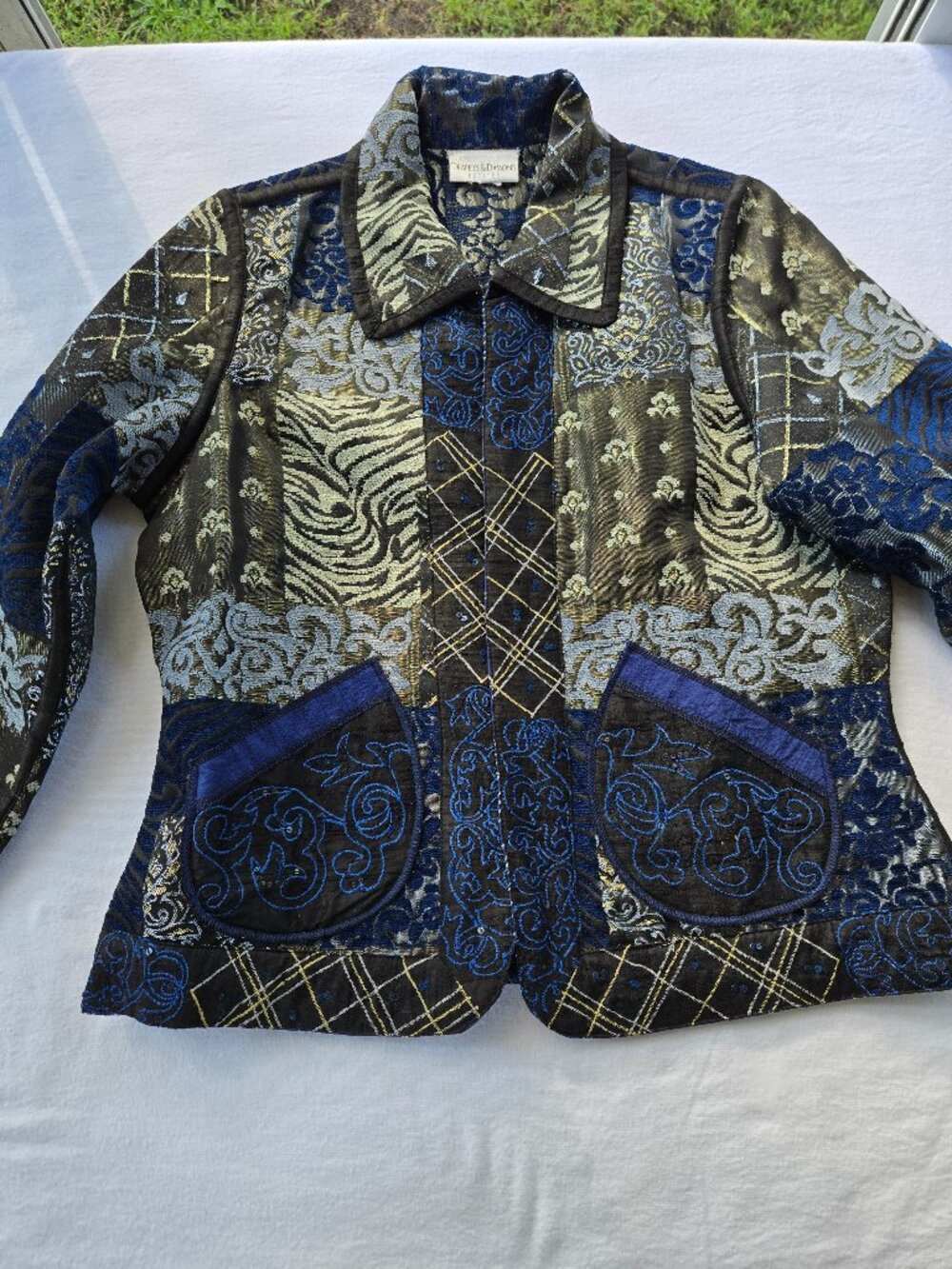 Draper's & Damon's Petites Metallic Blue Reversible Open Front Blazer